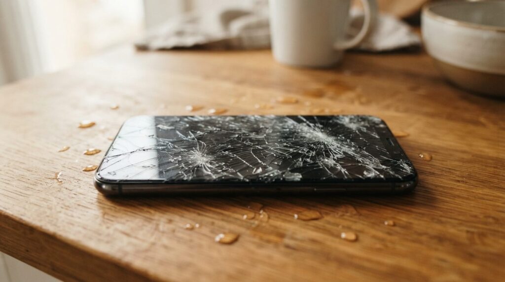 Close-up detail of a shattered smartphone screen with spider