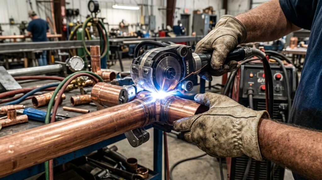 Close-up of skilled plumber hands welding copper pipes with 