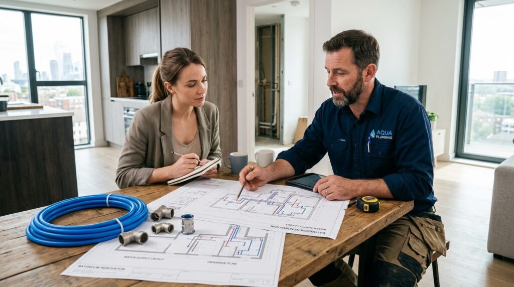Modern bathroom renovation consultation, plumber showing hom