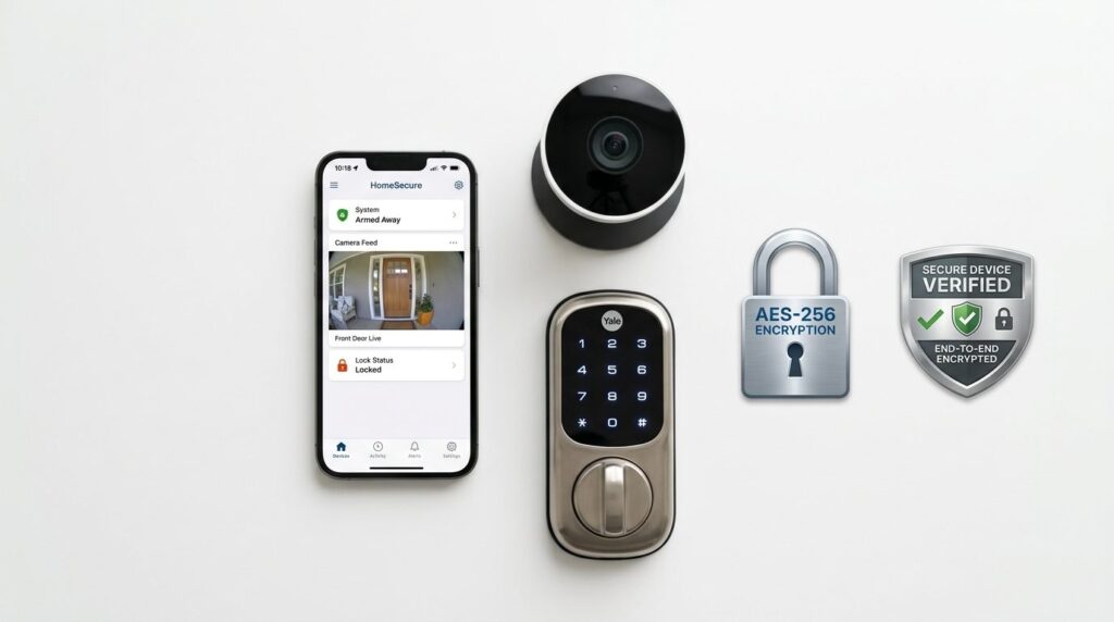 Close-up flat lay of smart home security components arranged