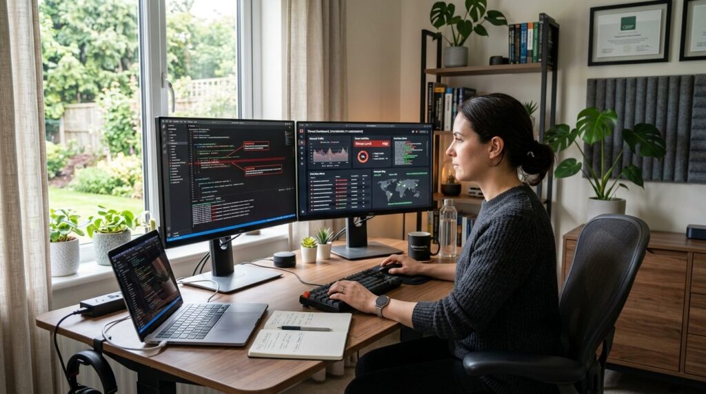 Modern home office workspace with cybersecurity professional