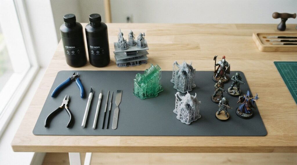 Flat lay composition of 3D printer resin bottles, support re