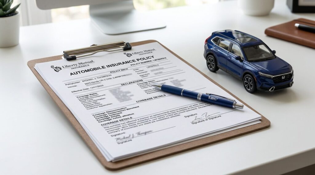Close-up detail shot of an insurance document and clipboard 