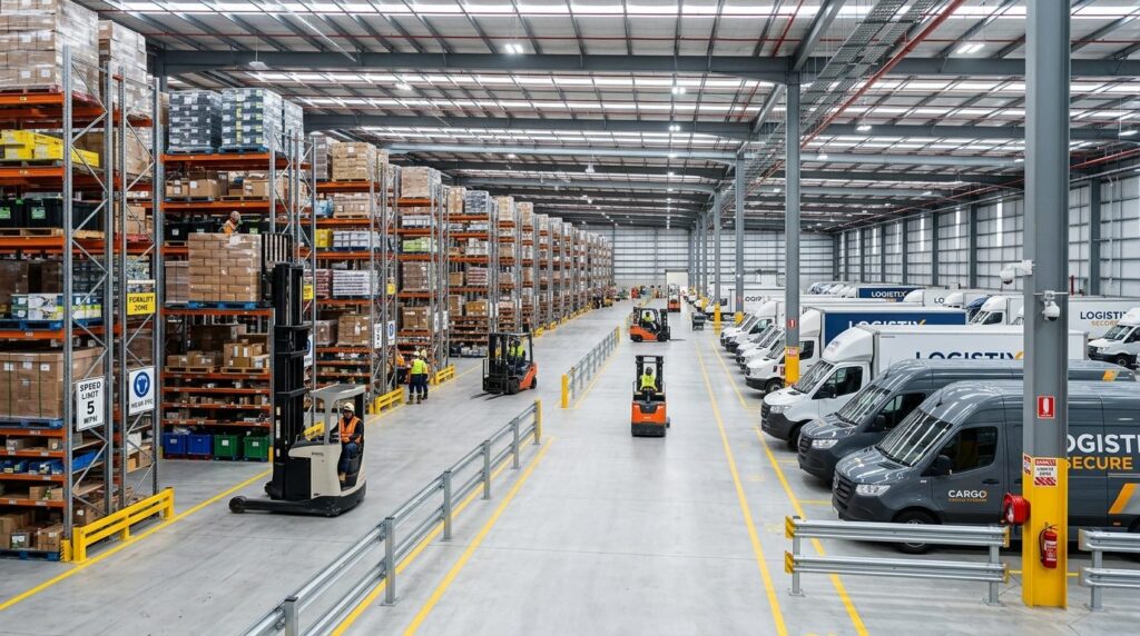 Wide-angle view of a modern cargo logistics warehouse interi