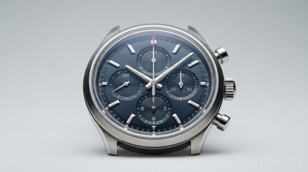 Close-up detail shot of a mens chronograph watch face highl