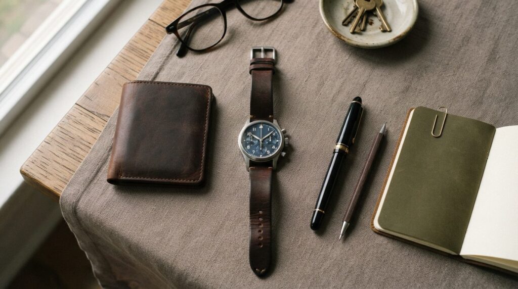Lifestyle flat-lay composition of a luxury mens chronograph