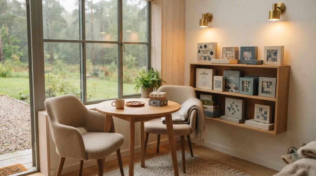 Warm interior shot of a compact summer house game corner wit