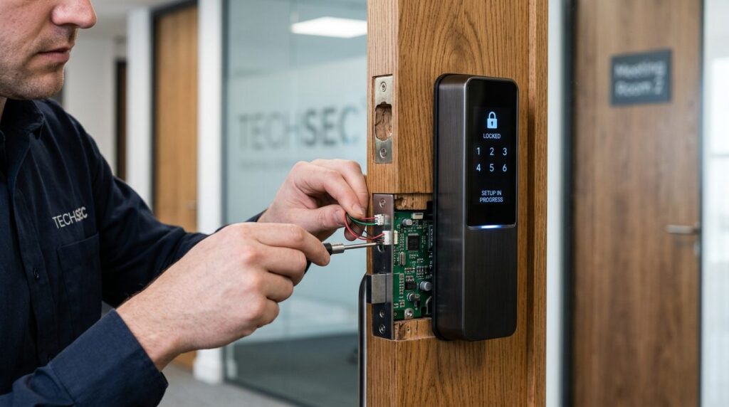Close-up detail shot of a smart door lock being installed on