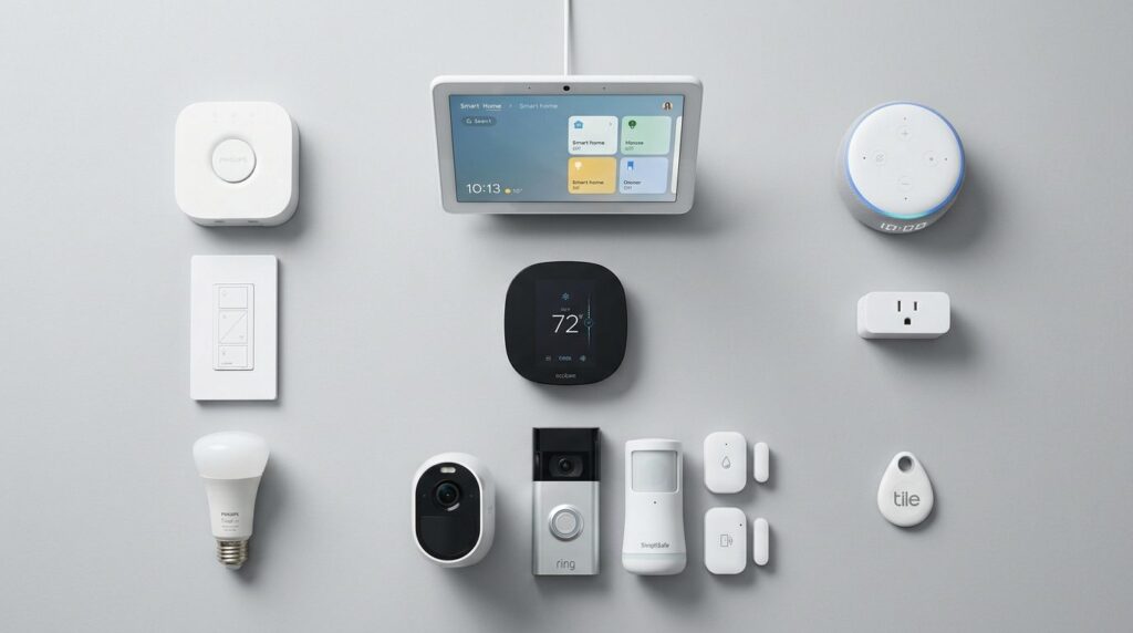 Overhead flat lay of various IoT smart home devices includin