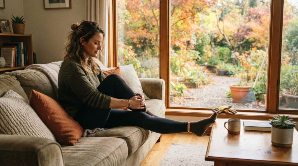 Realistic stockfoto of a woman sitting on a couch stretching