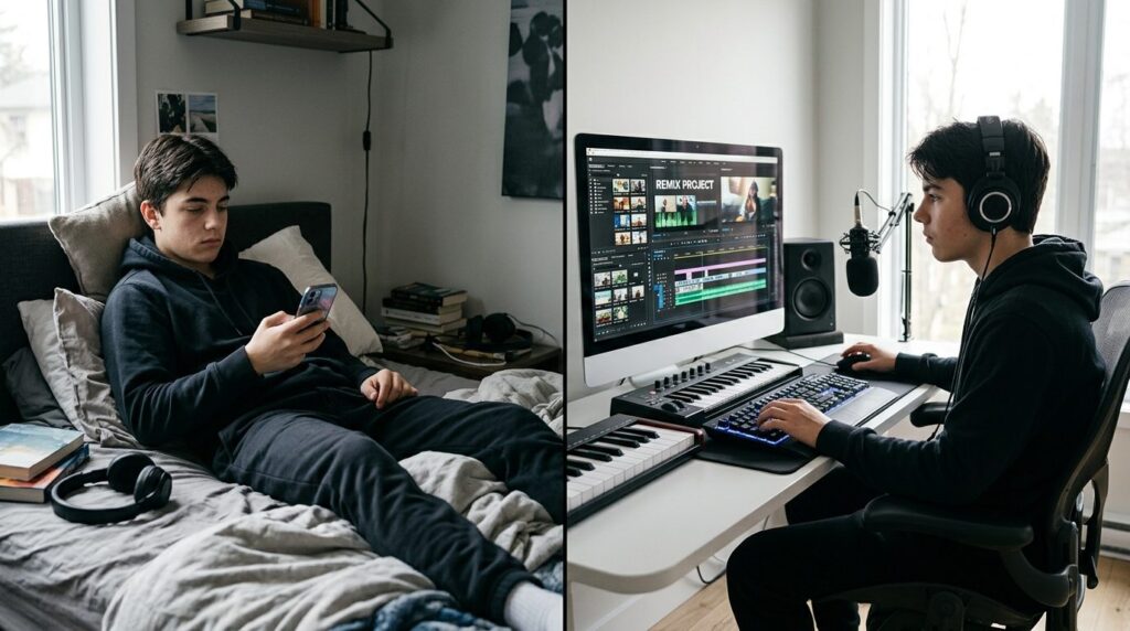 Split-screen composition: Left side shows a teenager passive