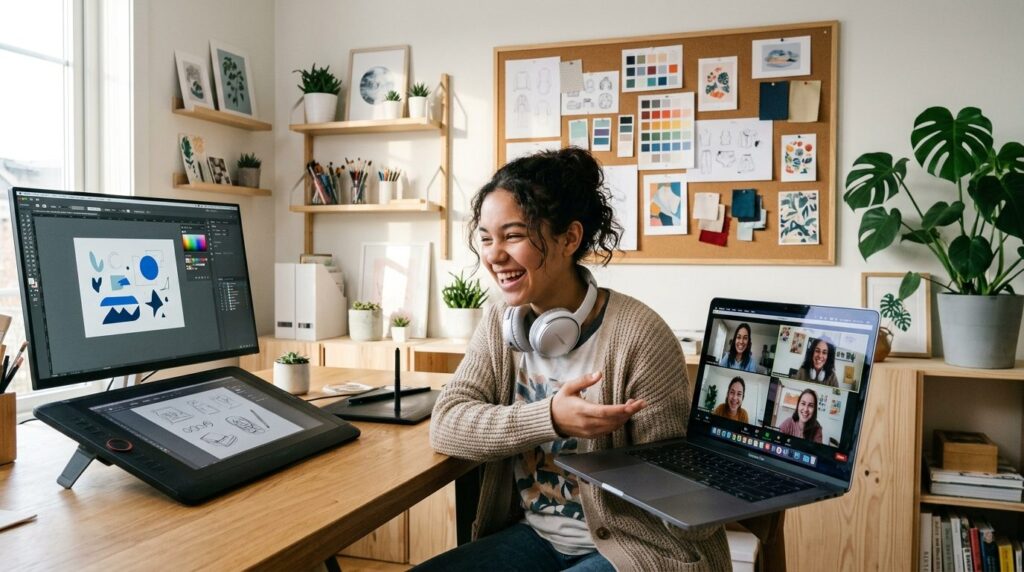 A teenage girl in a Scandinavian-style home office/creative 
