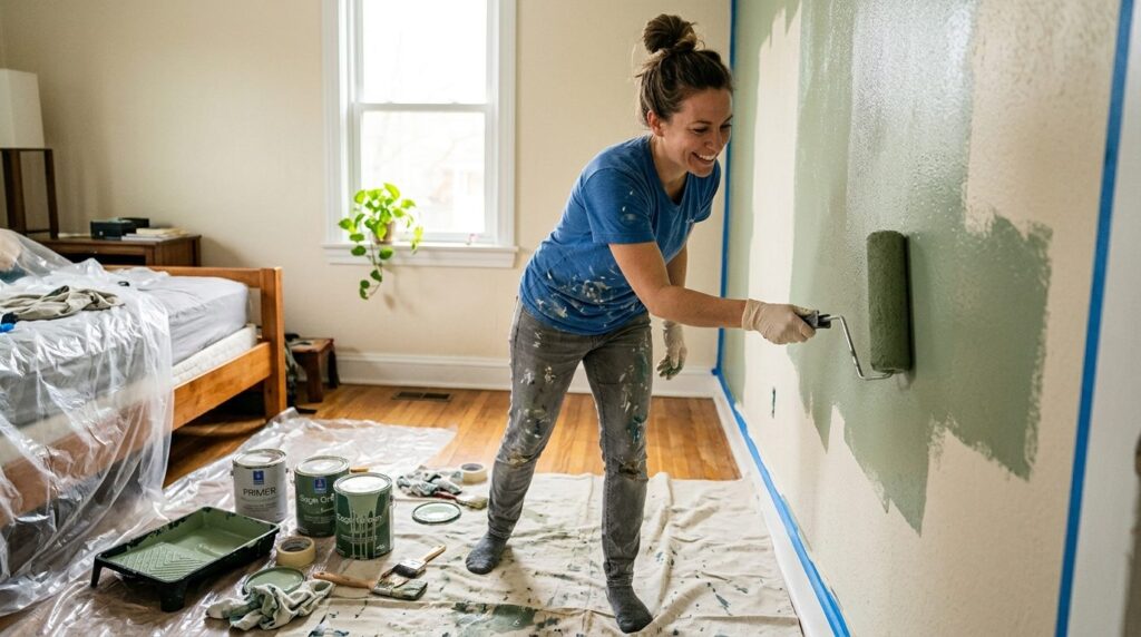 DIY home painting concept: A homeowner in casual clothes pai