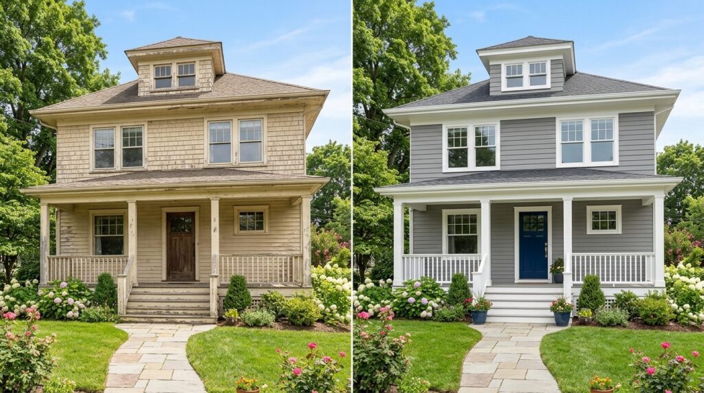 Before and after exterior house painting comparison: A beaut