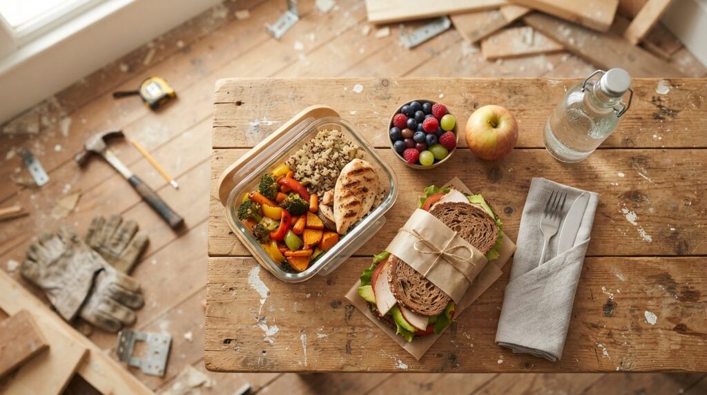 Overhead flat lay photography of a practical packed lunch se