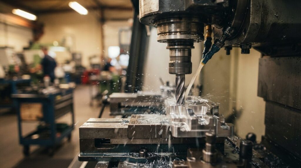 Close-up macro photography of CNC milling machine in operati