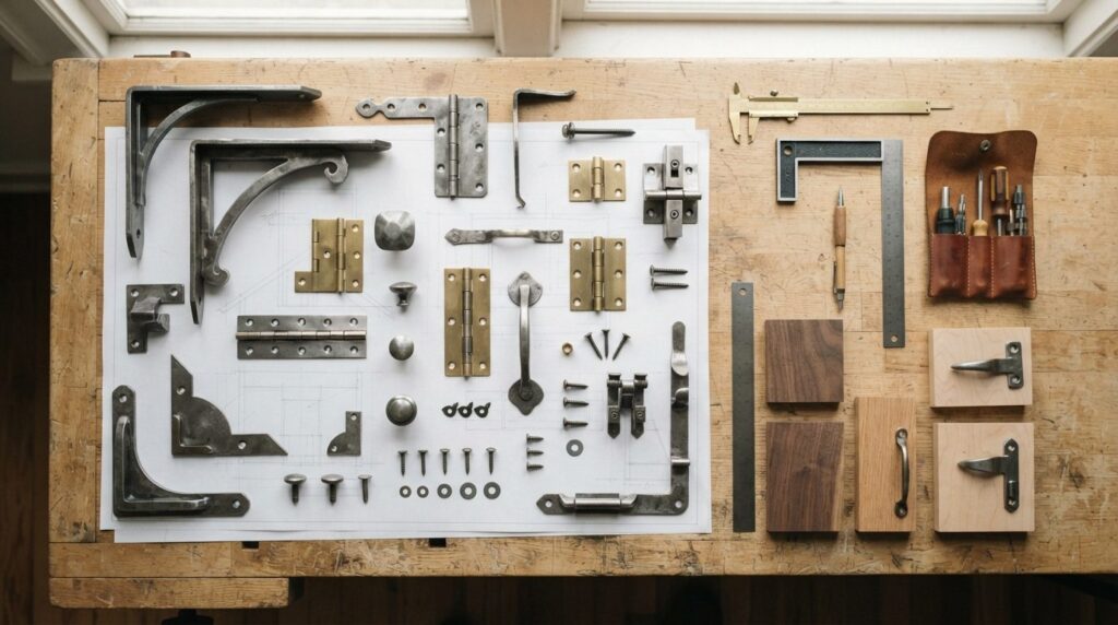 Overhead flat lay composition of handcrafted metal furniture