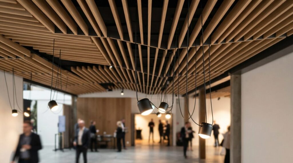 Close-up professional photograph of modern acoustic ceiling 