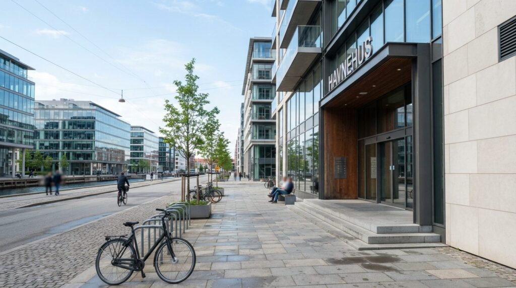 Modern Copenhagen business district street view with contemp