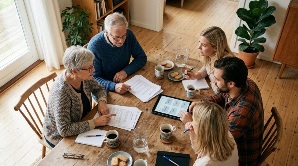 Overhead shot of a wooden table with multiple generations -