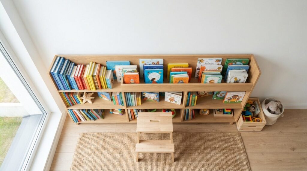 Bright overhead shot of a well-designed low bookshelf in a m