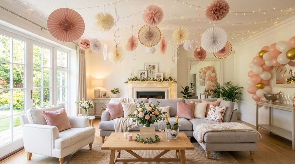 Bright, airy living room decorated for bachelorette celebrat