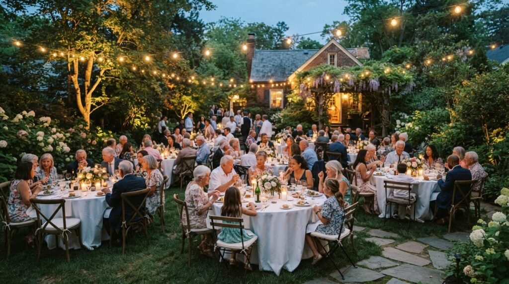 Wide shot of an elegant backyard celebration with diverse gu